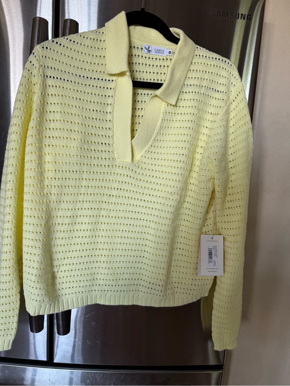 Cable & Gauge Pale Yellow Open-Weave V‑Neck Collared Sweater
